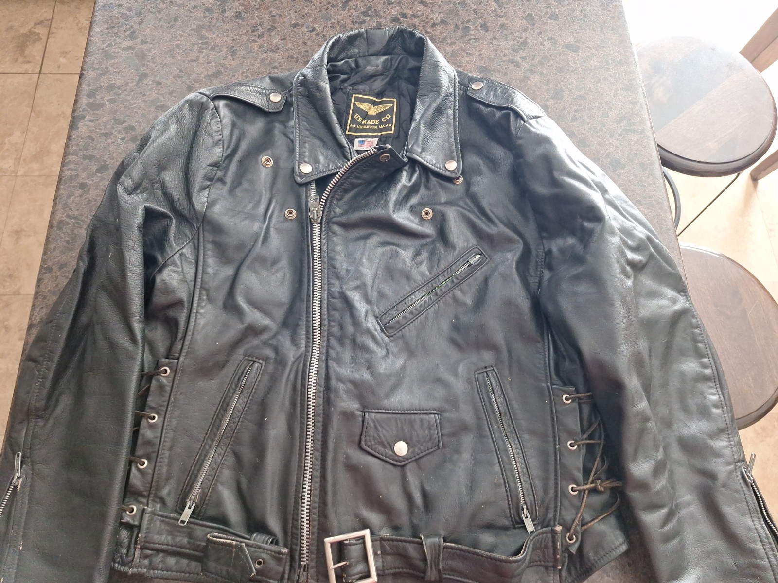 U.S. Made Co Mens 48 Heavy Black Leather Motorcyle Jacket Made in USA Distressed