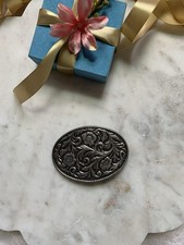 Vintage Western Belt Buckle Silver Tone Floral Engraved Cowboy Cowgirl Oval