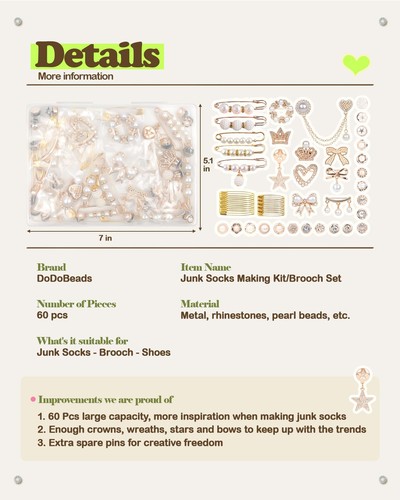 DoDoBeads Kit de 60 breloques chaussettes poubelle, broches et épingles dorées taille unique, - Photo 5/9