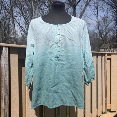J. Jill Pure Linen Blend Aqua Teal Ombré 3/4 Sleeve Button Front Blouse Size M