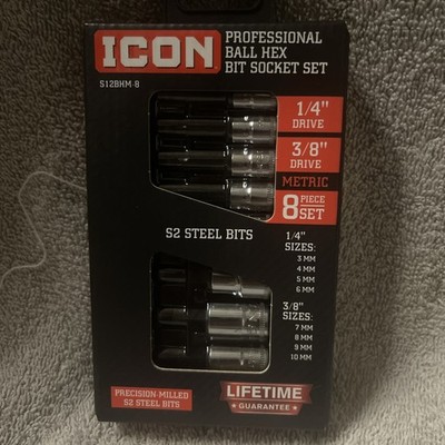 New ICON 1/4'' & 3/8'' Drive Professional METRIC Ball Hex Bit 8 pc. Socket Set