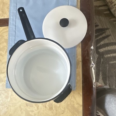 White Enamel double boiler￼& Lid Set, Black Handle, Gas/Electric, three-piece