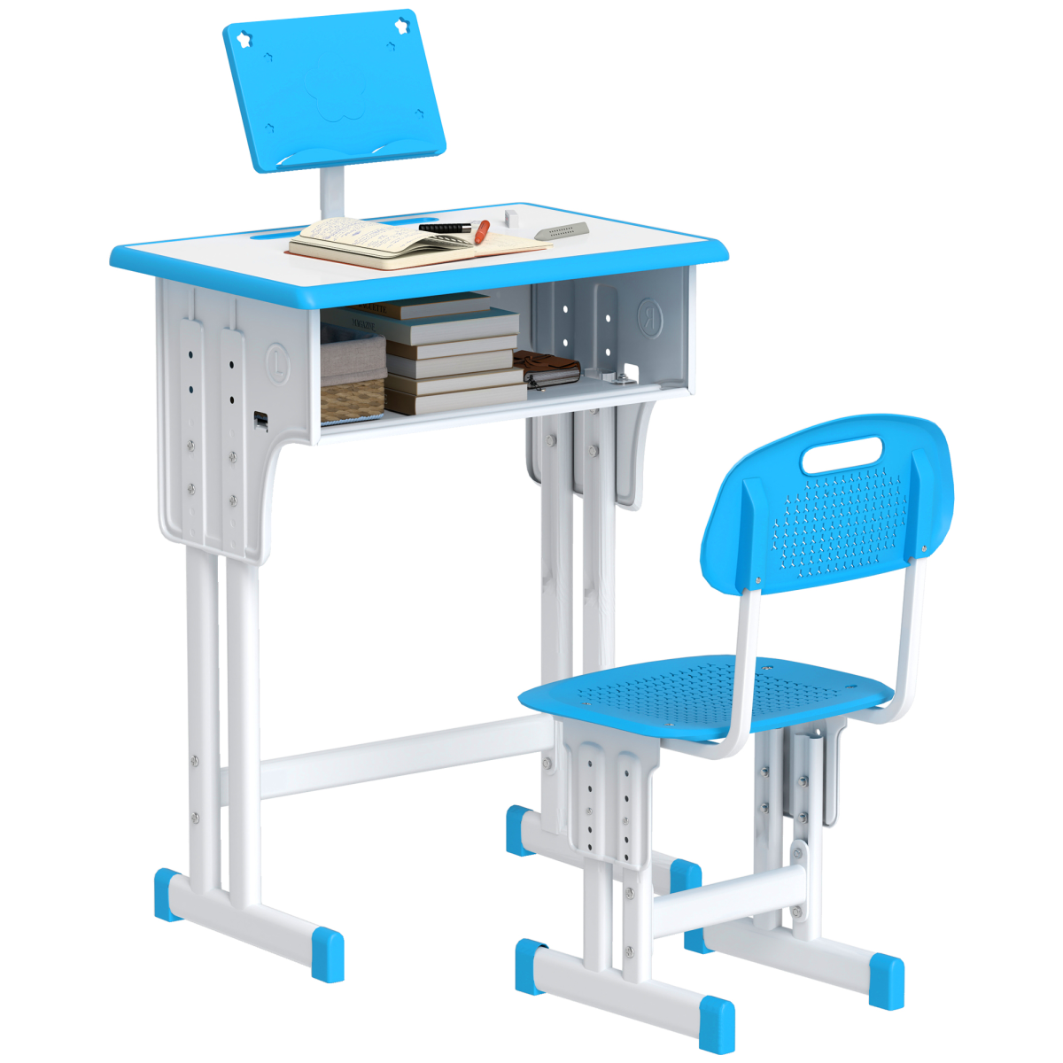 HOMCOM Kids Desk and Chair Set Adjustable Height Drawer Book Stand Blue | Study Table Set, Pen Slot - Image 2
