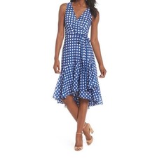 ELIZA J Ruffle Hem High/Low Faux Wrap DRESS  SIZE 12 BLUE  GINGHAM NORDSTROM