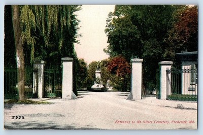 1910 Frederick Maryland Vintage Postcard Entrance Mt Olivet Cemetery Statue Gate