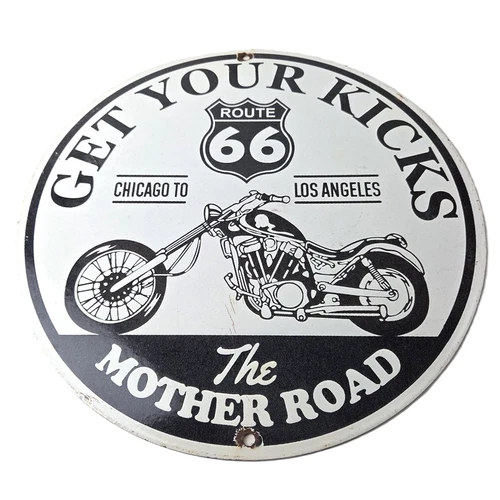 Vintage US Route 66 Sign - Porcelain Motorcycle Kicks on 66 Gas Pump Sign
