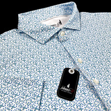 Johnnie O Performance Golf Geometric Blue Green Leaf Print UPF Polo Shirt XL