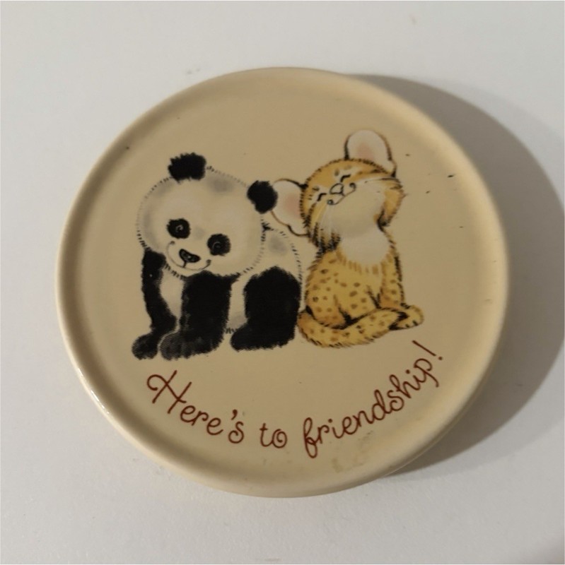 Ceramic Panda & Bear Saucer "Here's to Friendship" Beige/Black