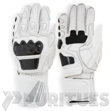 White Motorcycle Racing Leather Gloves with Carbon Knuckle Protection Reflective