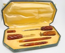 FAB Art Deco Carved Amber Butterscotch Color Bakelite 6 Pce Writing Set in Case