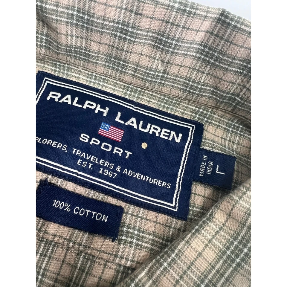 Camisa deportiva vintage Ralph Lauren para hombre manga corta años 90 abotonada beige grande L Foto 2 de 4