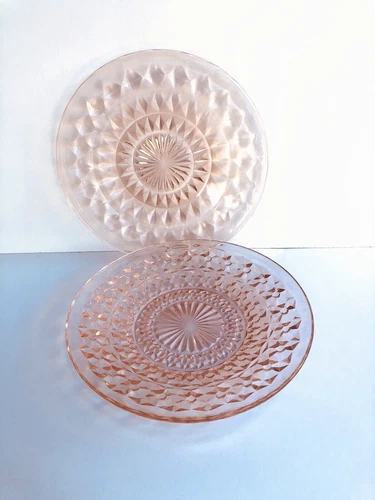 2 Vintage Jeanette Optic Glass Company Pink Depression 5.75” Plates Saucers