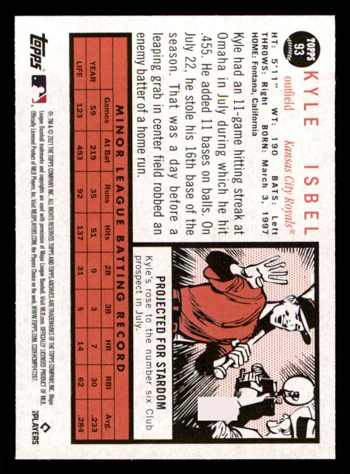 2021 Topps Archives #93 Kyle Isbel RC (ref 235204) - Image 2 of 2