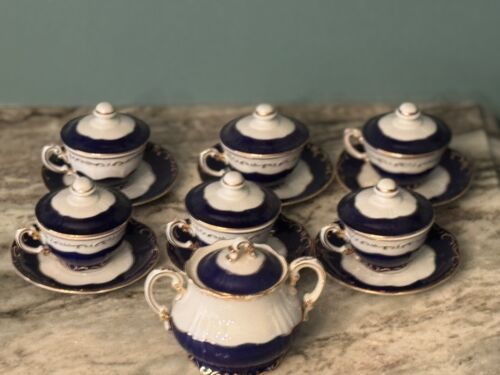 Zsolnay Hungary Pompadour III set demitasse zuccheriera bordo oro blu 20 pz - Foto 2 di 24