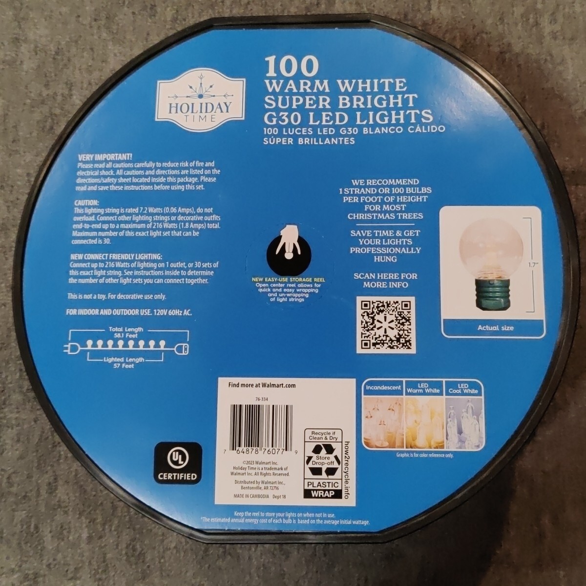 Holiday Time 58 Ft. 100 Super Bright LED G30 Lights Cool White Indoor