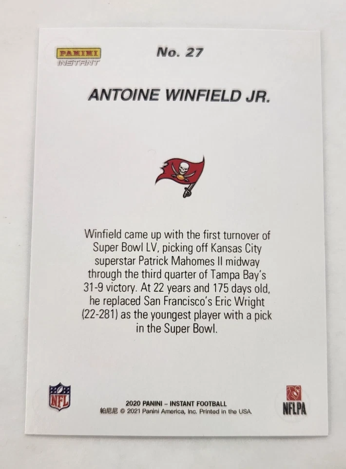 2020 Panini Instant Super Bowl LV #27 Antoine Winfield Jr RARE ROOKIE Buccaneers - Image 2 of 4