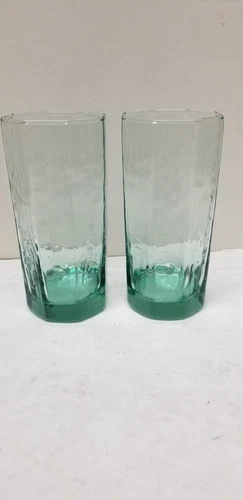 2 ANCHOR HOCKING GREEN FACETS 8 PANEL TEXTURED GLASS TUMBLERS 16 OZ