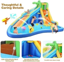 158x 138 x 89 Waterslide w/Climbing Wall, Splash Pool, 2 Water Cannon,Basketball