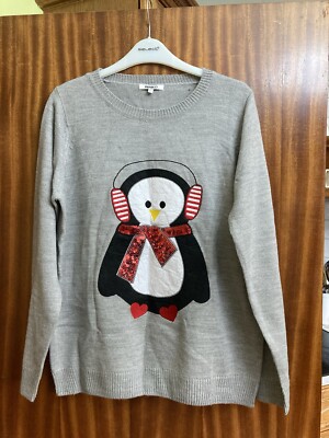 Pep Co Grey Christmas Jumper With Penguin Motif On The Front