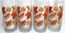 Libbey Crisa Glass Tumblers SET OF 4 Fall Leaves Acorns 6" Tall Holds 16 oz