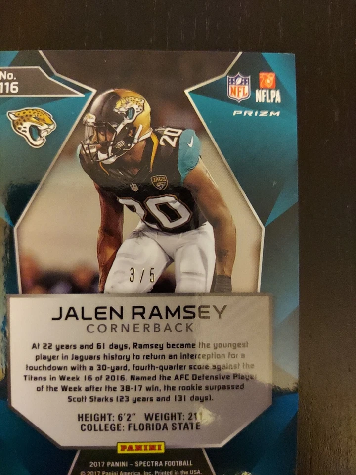 #/5 2017 Panini Spectra Neon Orange Prizm #116 Jalen Ramsey Jacksonville Jaguar - Image 3 of 3