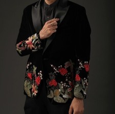 Men Black 2Pc Bespoke Floral Embroidered Nudie Western cowboy Cocktail Outfit