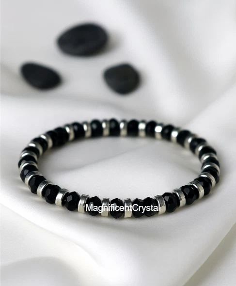 Pulsera de acero inoxidable de ónix negro para hombre 4 mm estilo punk elástica joyería regalo Foto 4 de 4