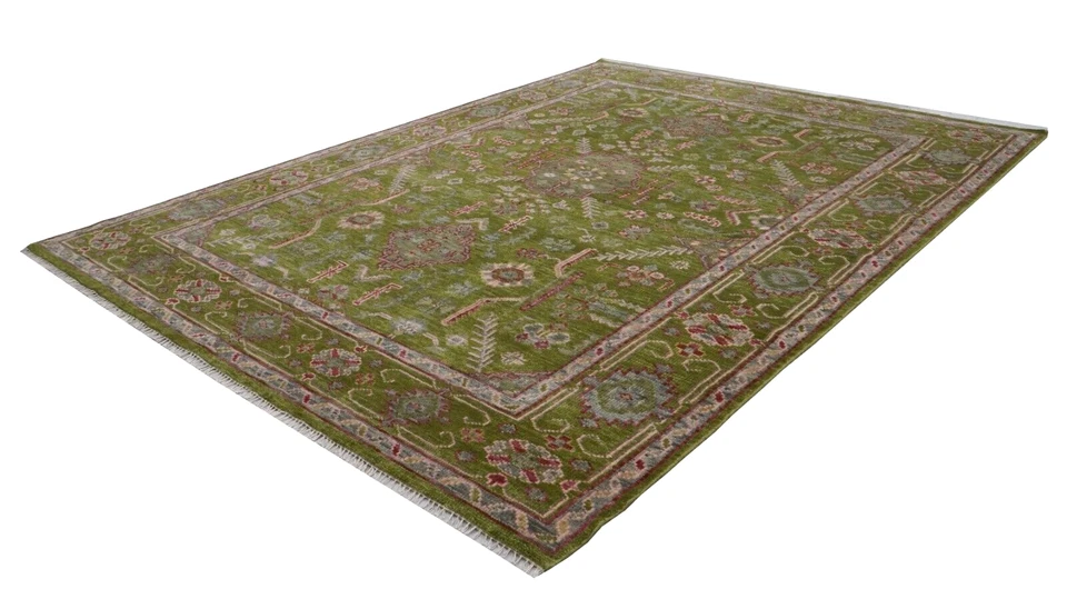 Handmade 9x12ft Geometric Green Rug With Intricate Red Accents | Customizable - Image 4 of 4