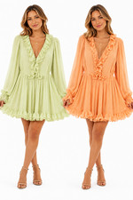 Ladies Ex R Island Ruffle Frill Mini Dress Long Sleeve Chiffon RRP £60