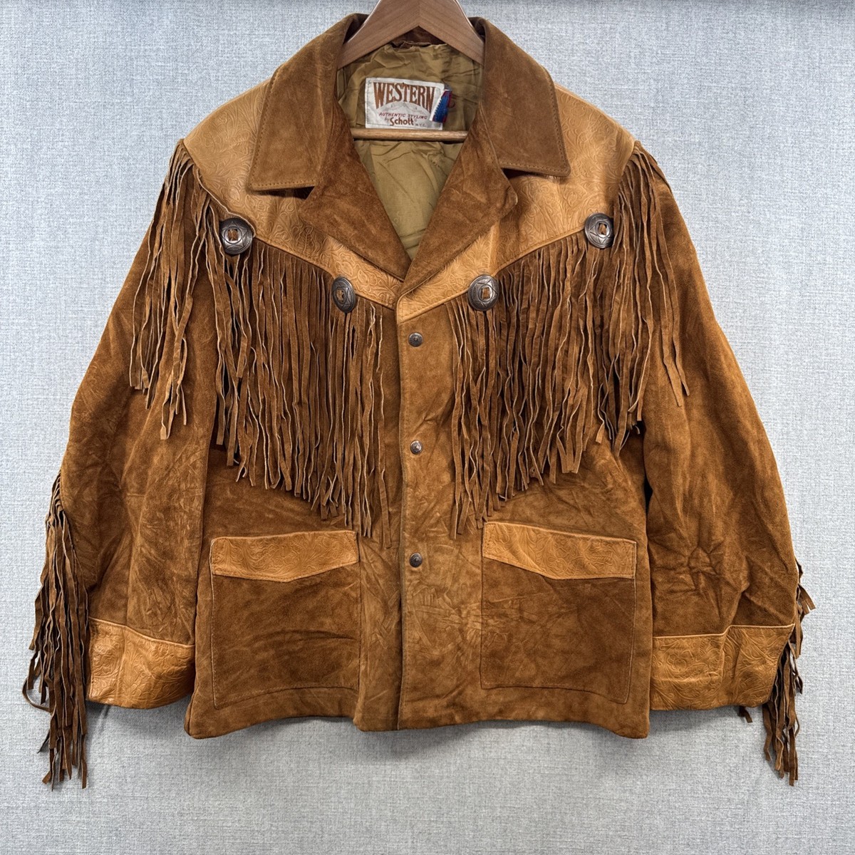 VTG Schott Leather Suede Western Jacket Mens 42 Brown Fringe Snap