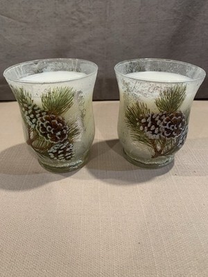Vintage Set Of 2 Crackle Glass Candles Pine Cone Winter Christmas Candles