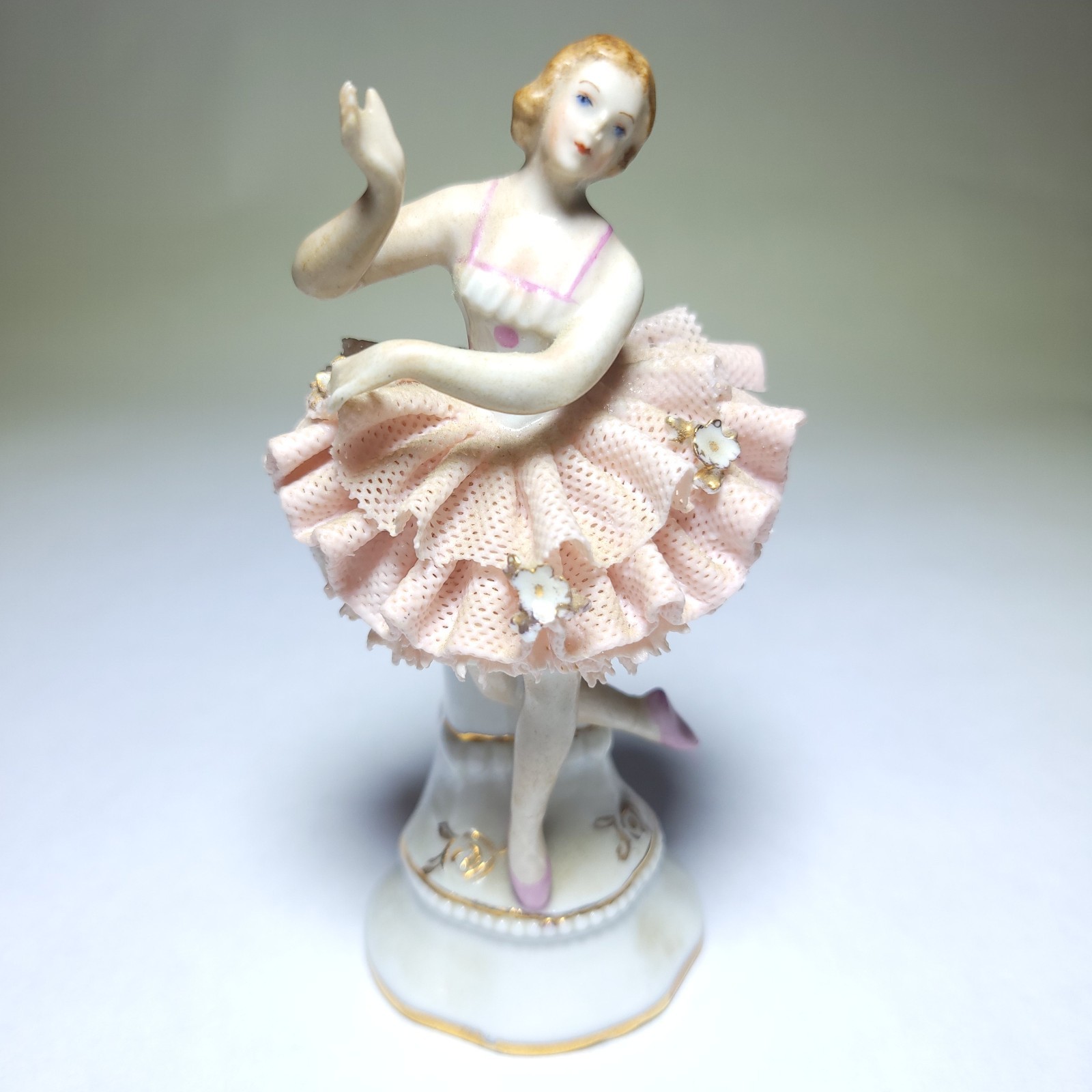 Vintage Dresden Lace Ballerina Figurine Pink Flower Tutu Ballet Dancer *chips*