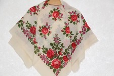 White wool floral shawl Ukrainian retro scarf Vintage slavic Russian fabric