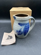 Rowe Pottery Works Blue Bird Jug Pitcher Salt Glaze 1985 Farmhouse Primitive 5"