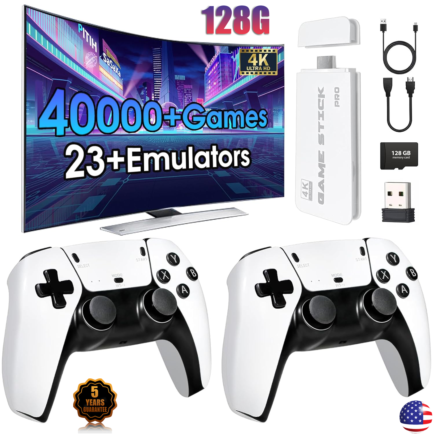 40K+ Retro Games Console with 128G Storage, 4K HDMI, 2 Wireless Controllers