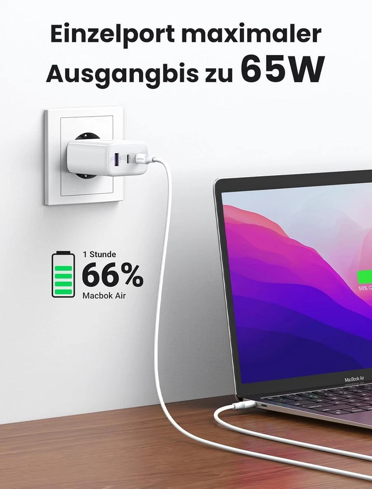 UGREEN USB C Ladegerät 65W 3-Port USB-C Netzteil PPS Schnellladegerät PD Charger - Bild 2 von 4