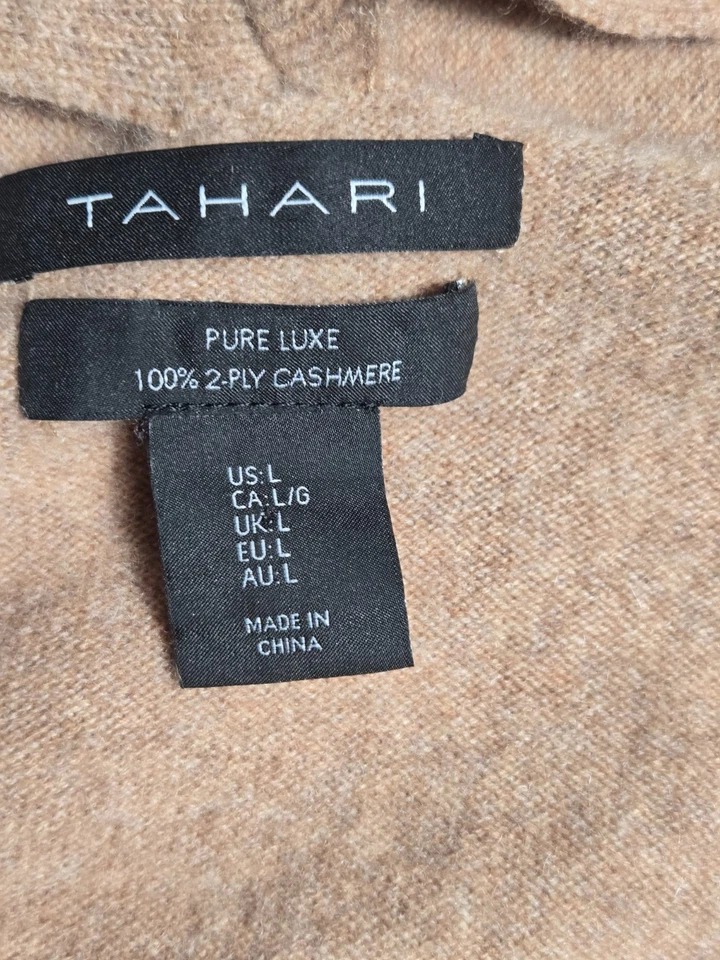 Suéter envolvente para mujer Tahari Pure Luxe 2 capas de cachemir con drapeado en el cuello talla L marrón camel Foto 3 de 4