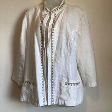 Chico's White 100 Linen Embroidered Open Front Jacket Mandarin Collar Size 3 L