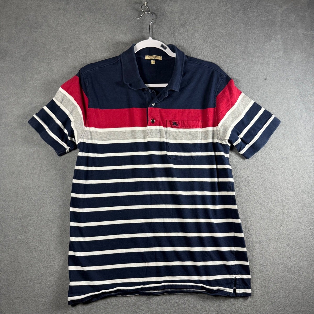 Burberry London Polo Shirt Mens Tag L Fits M Striped Navy Cotton