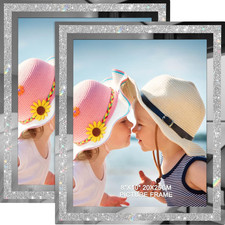 8X10 Picture Frames Set of 2, Glitter Photo Frame for Tabletop, Silver Glass Pic
