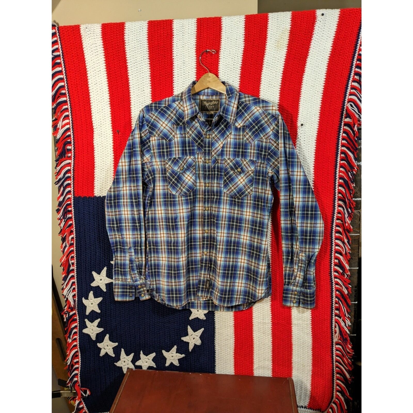 Wrangler Shirt Mens Size L Blue Plaid Retro Weste… - image 1