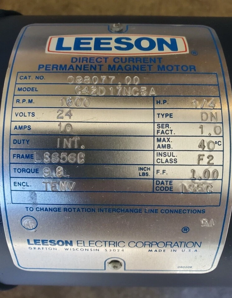 Powerful LEESON ELECTRIC MOTOR, 1/4hp, DC 24 Volt, 5/8" shaft. Part # C42D17NC5A - Image 3 of 3