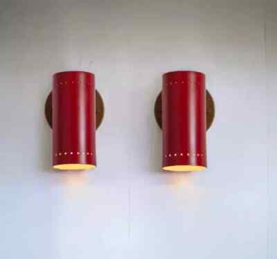 Italian Mid Century Brass Cylinder Wall Sconce Light   Vintage Handmade Pair