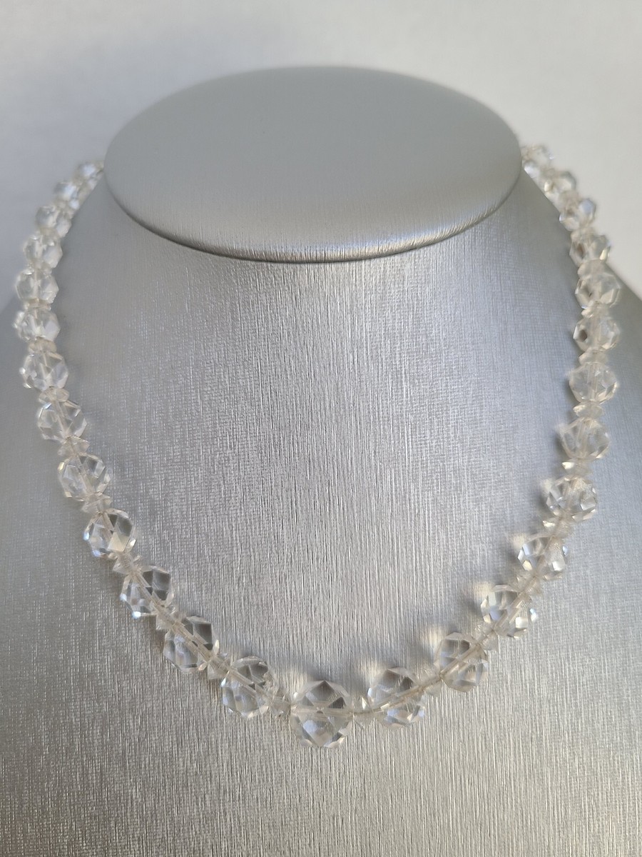 Vintage Faceted Rock Crystal Beaded Necklace 14K Gold Clasp