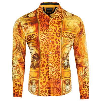 Mens Long Sleeve Button Down Dress Shirt Red Orange Leopard Angels Designer New