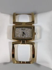 Relic Crystal Shiny Dial Gold Tone Rectangle Case Hinge Cut Out Hinge Band Watch