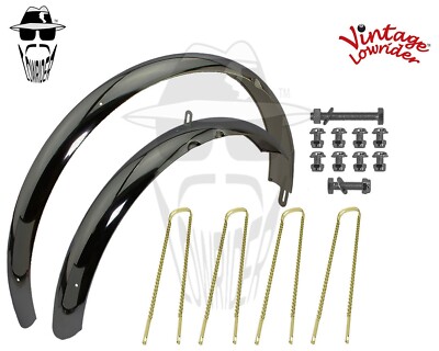 Vintage Lowrider 26'' Classic Std Balloon Black Fender Set Twisted Style Braces.