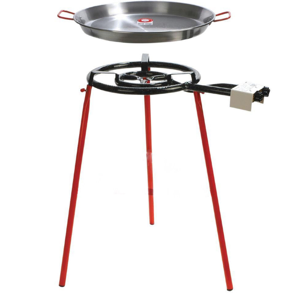 Juego De Paella: 55 Cm Auténtica Sartén De Paella Pulida + 40 Cm Quemador De Gas + Trípode Quemador