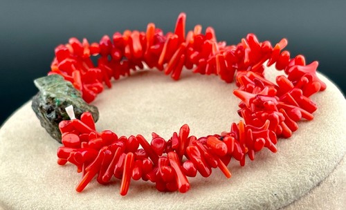 Turquoise Red Coral Branch Bracelet 2 Strand Silver Tone Stretch NK - Picture 3 of 3