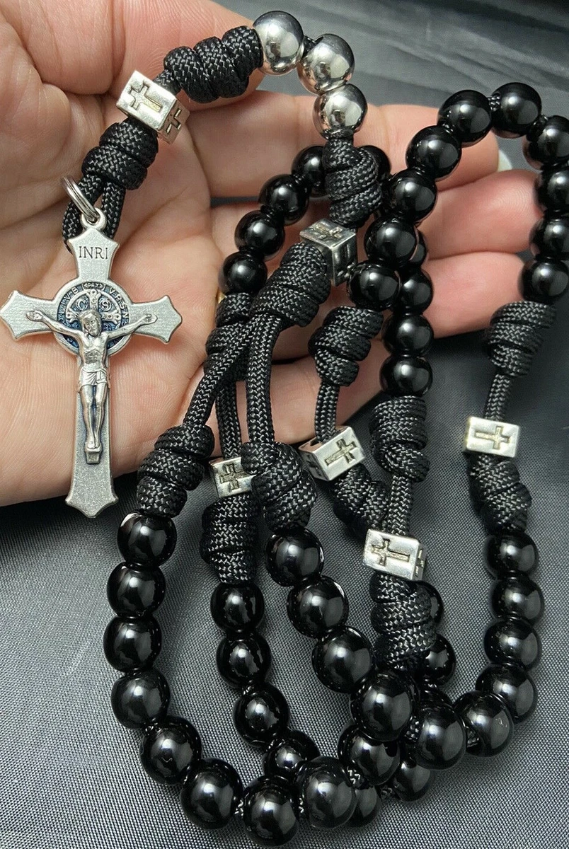 Paracord Black Beads Rosary St. Benedict Crucifix Durable Rosary Handmade